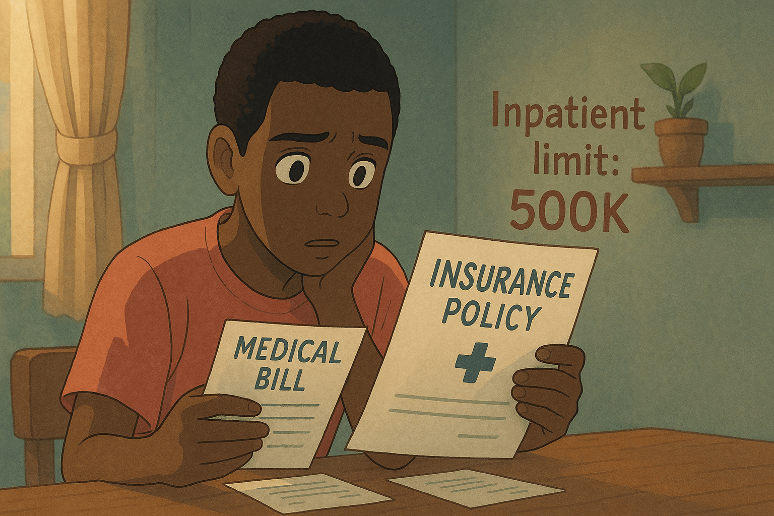 A young boy looks concerned while holding a medical bill and an insurance policy document at a table, with sunlight streaming through a window in the background, highlighting the text "Inpatient limit: 500K."