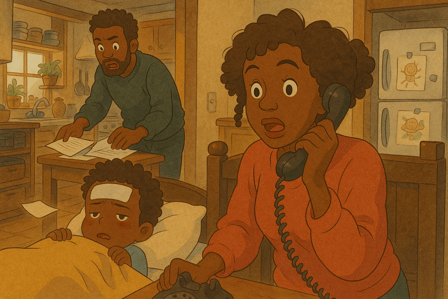 Animated scene of a concerned mother on the phone while her sick child rests in bed, with a worried father looking over paperwork in a cozy kitchen setting.