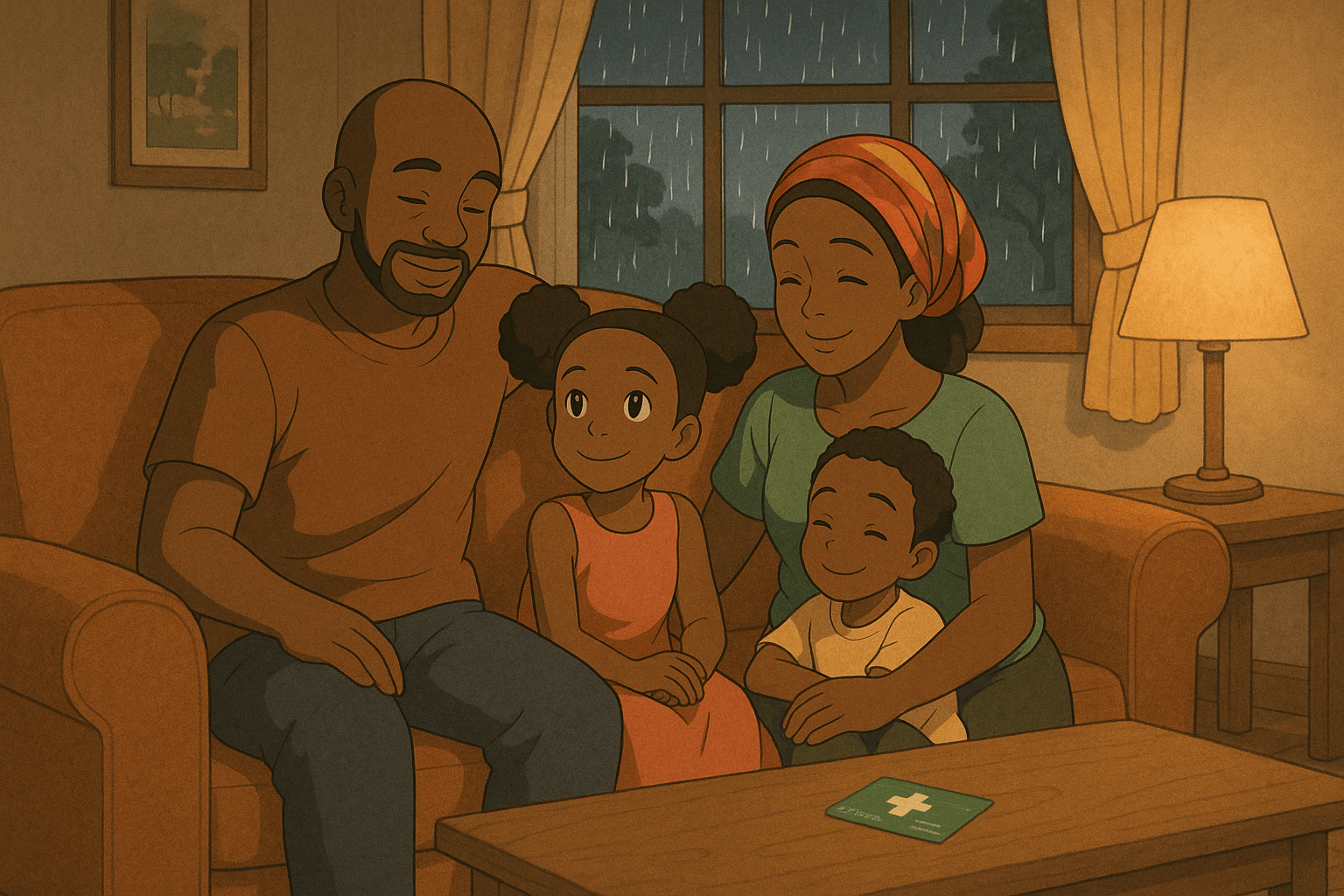 Happy family enjoying time together on a cozy couch during a rainy evening, featuring a mother, father, and two children.