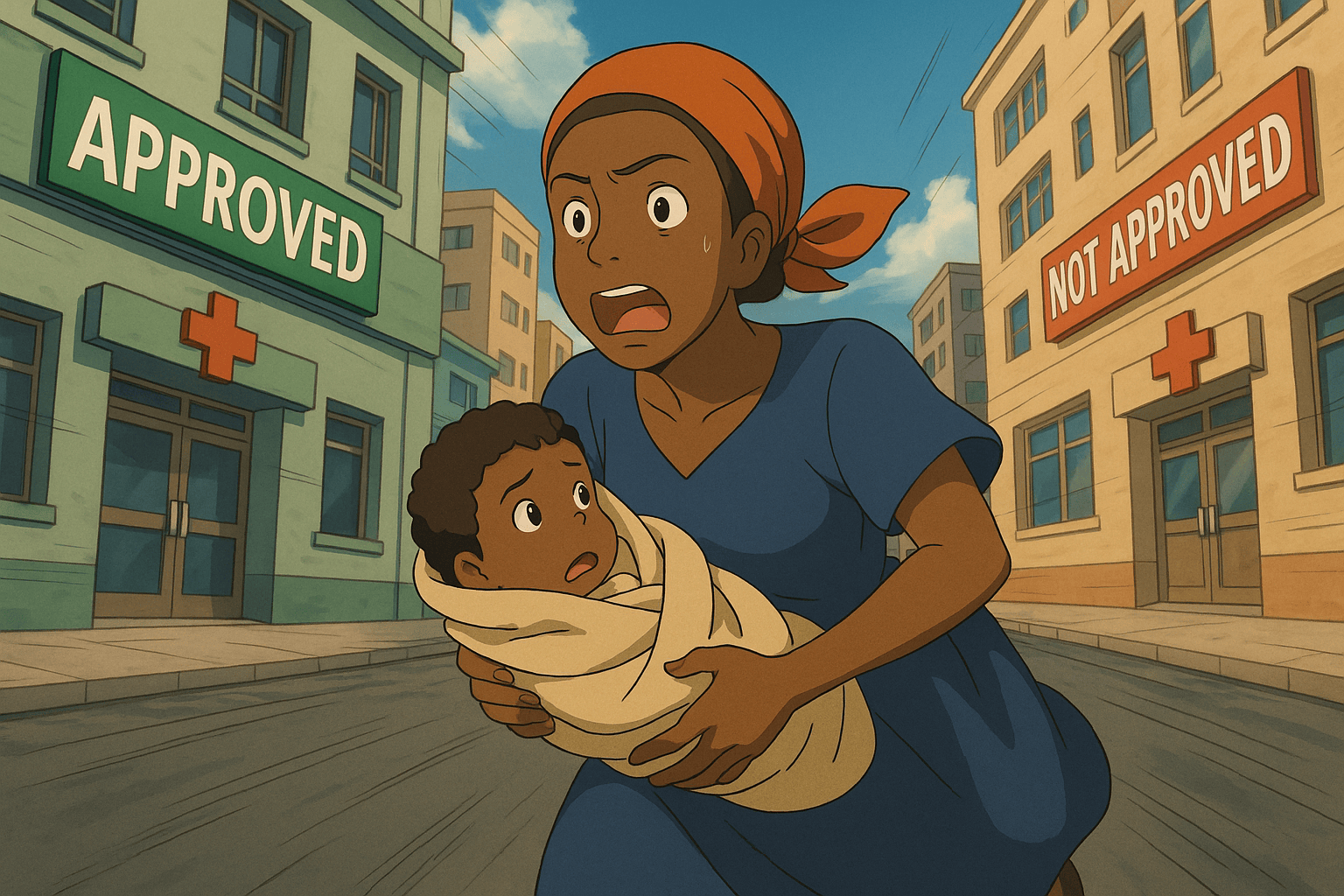 A woman in a blue dress, panicked and holding a wrapped baby, runs between two buildings marked "Approved" and "Not Approved," depicting a tense, urgent moment.