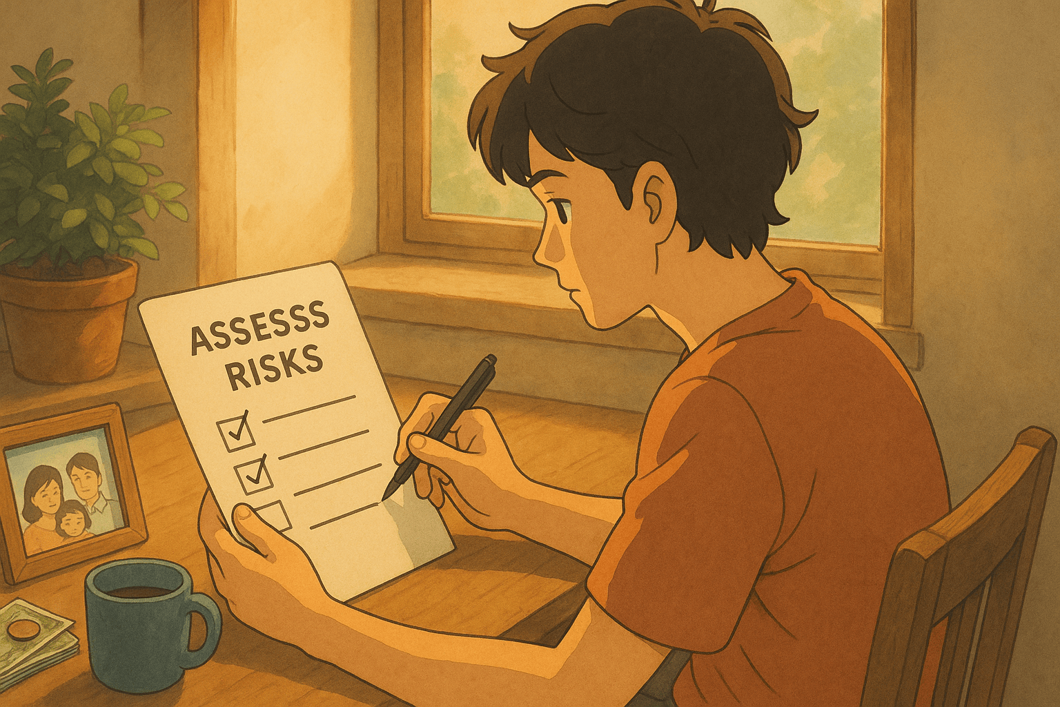 young boy assessing risks with checklist at home