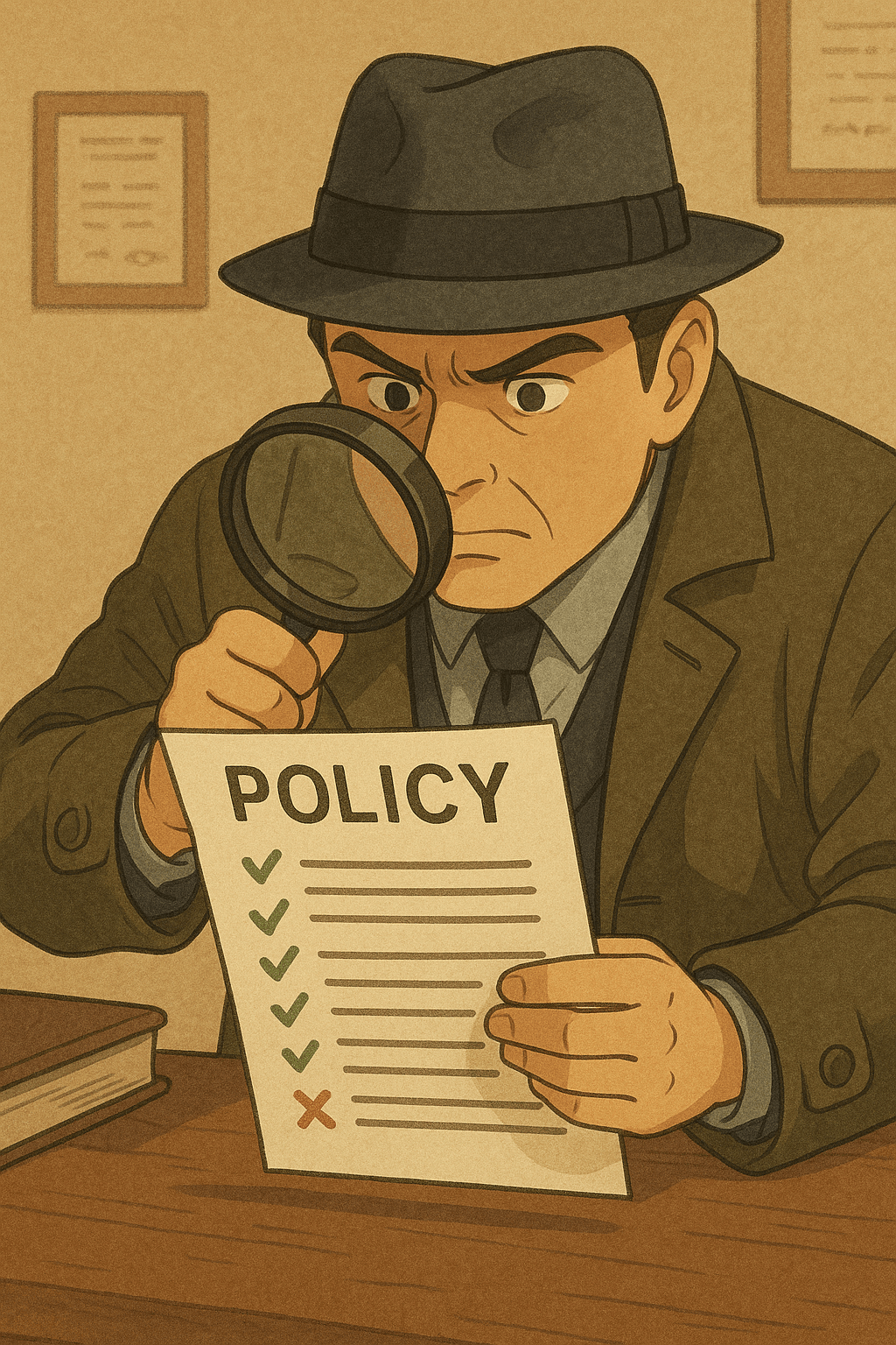 Detective analyzing a policy document with a magnifying glass, highlighting checked and unchecked items.