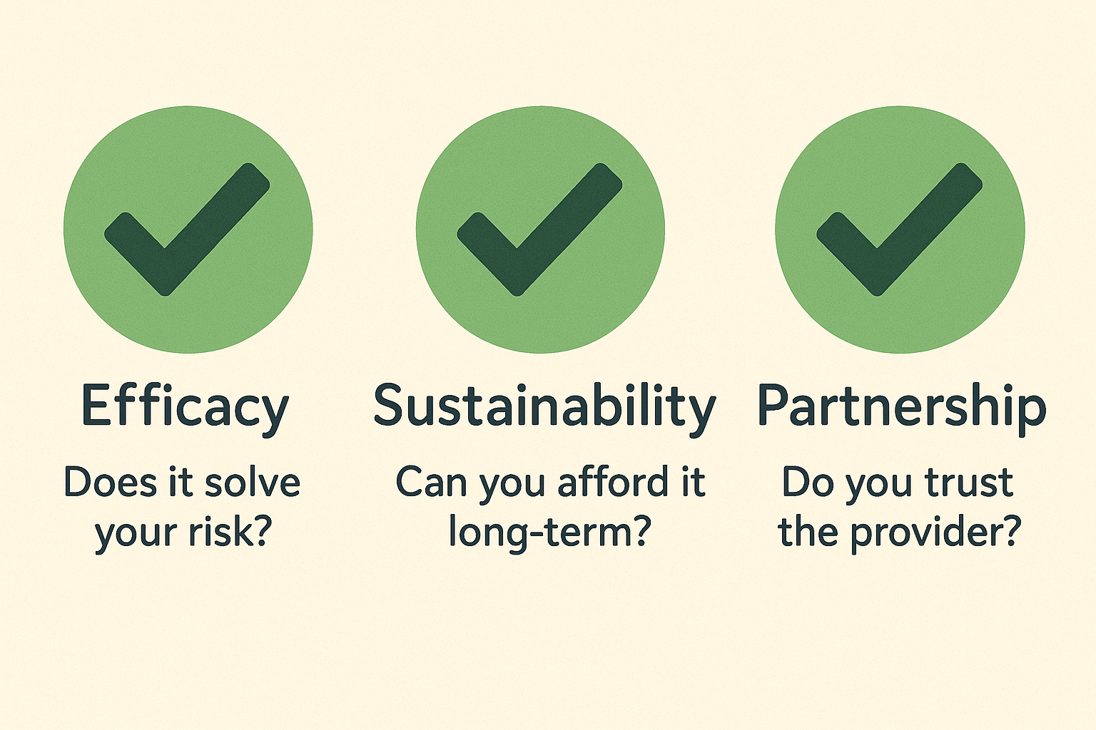 Infographic showing three key considerations: Efficacy, Sustainability, and Partnership, with questions assessing risk, affordability, and trust.