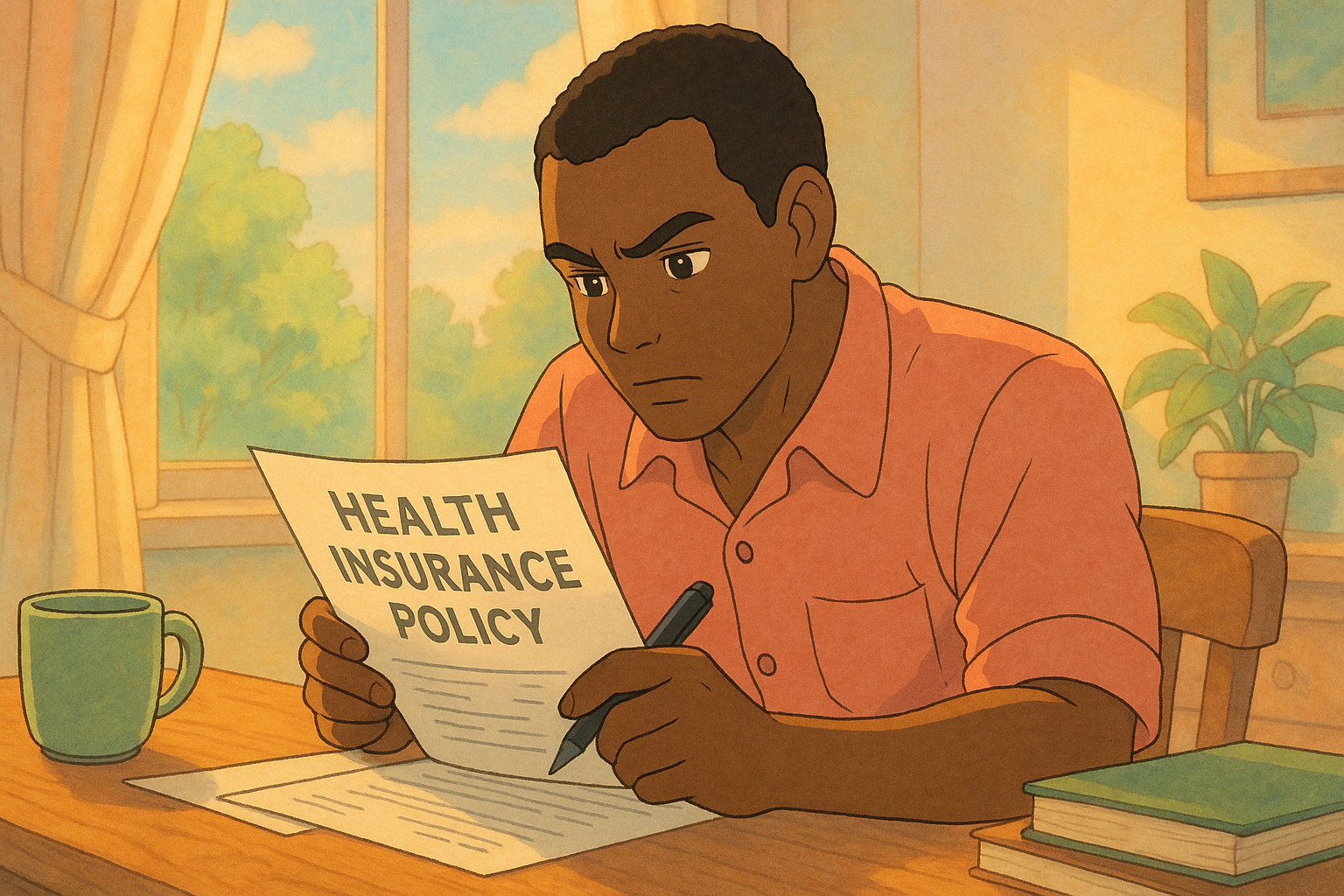 Man reviewing health insurance policy document at desk.