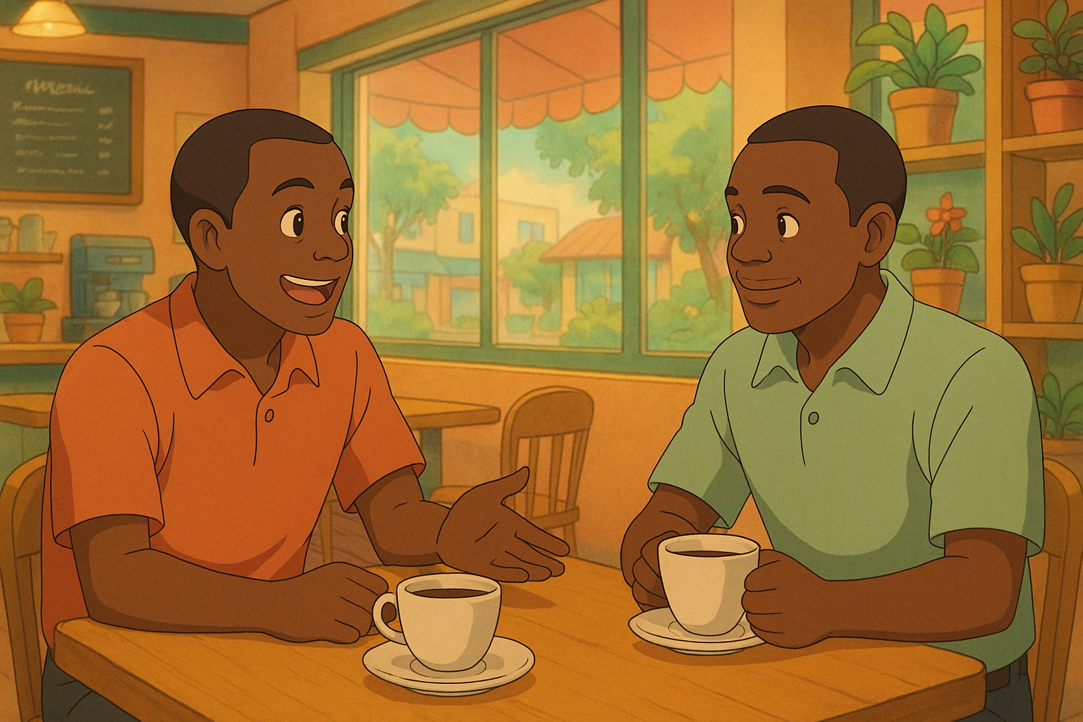 Two Black men talking over coffee in a cozy cafe setting.
