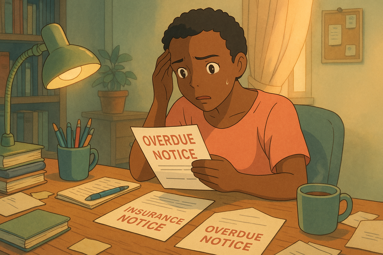 Worried person reviewing overdue bills and insurance notice at desk under lamp.