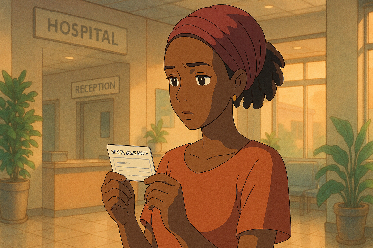 Worried woman holding health insurance card in hospital reception area.