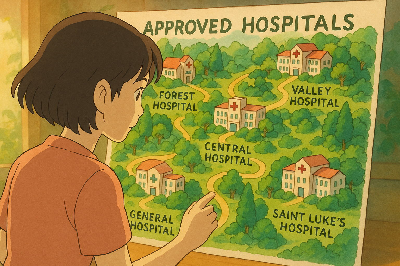 A young girl examines a colorful map titled "Approved Hospitals," featuring five hospitals: Forest Hospital, Valley Hospital, Central Hospital, General Hospital, and Saint Luke's Hospital, set among green landscapes.