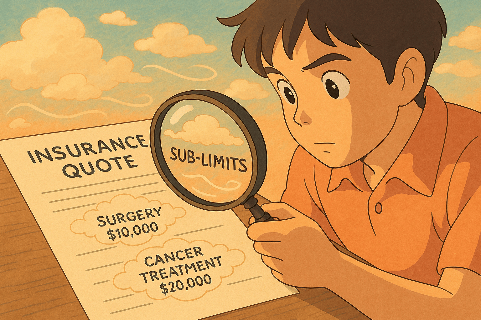 A young person closely examines an insurance quote document using a magnifying glass, highlighting the term "Sub-Limits" along with costs for surgery and cancer treatment.