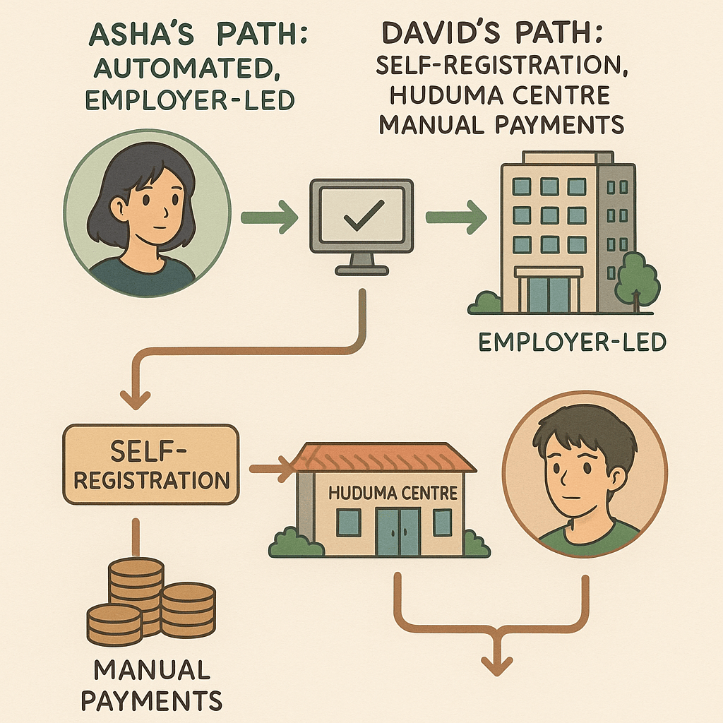 Infographic illustrating two paths for registration and payment: Asha's automated, employer-led process vs. David's self-registration at Huduma Centre with manual payments.