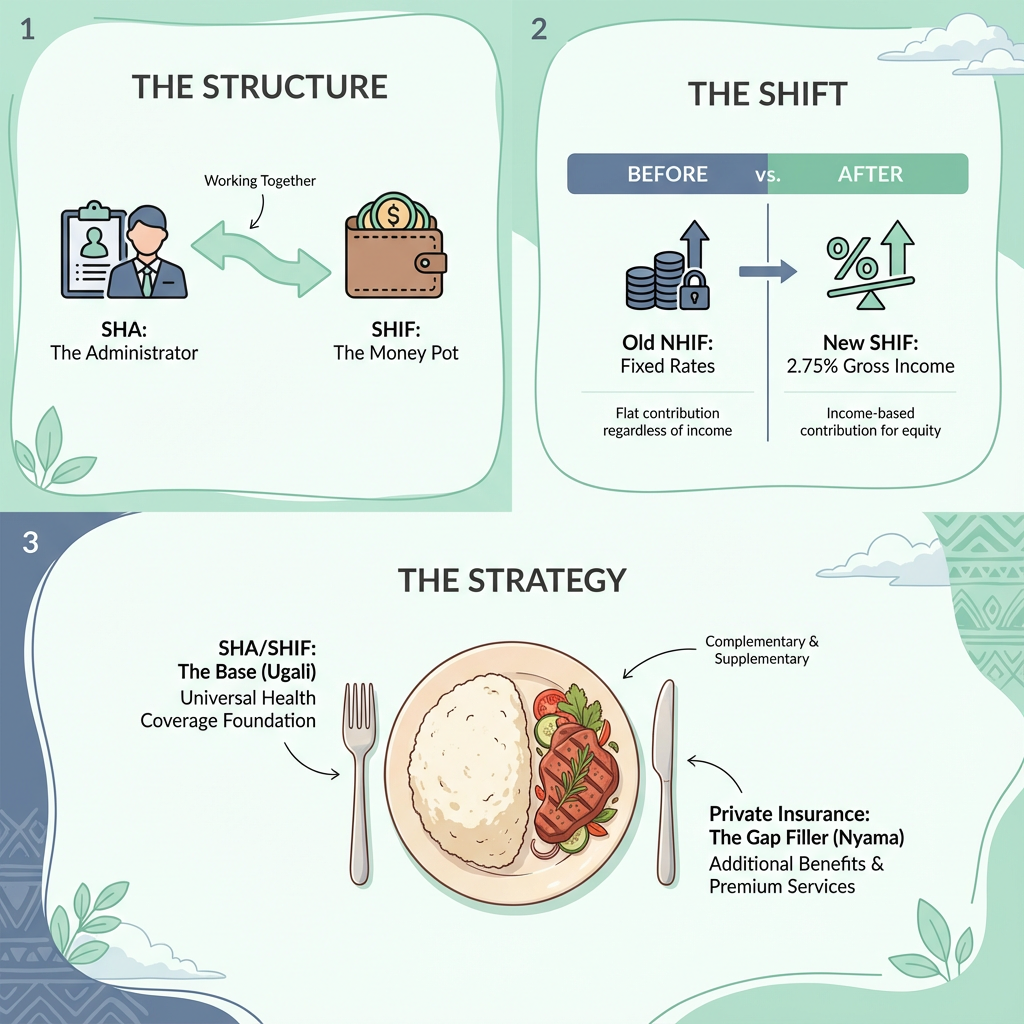 Infographic illustrating the structure, shift, and strategy of a health insurance or funding system comparison.