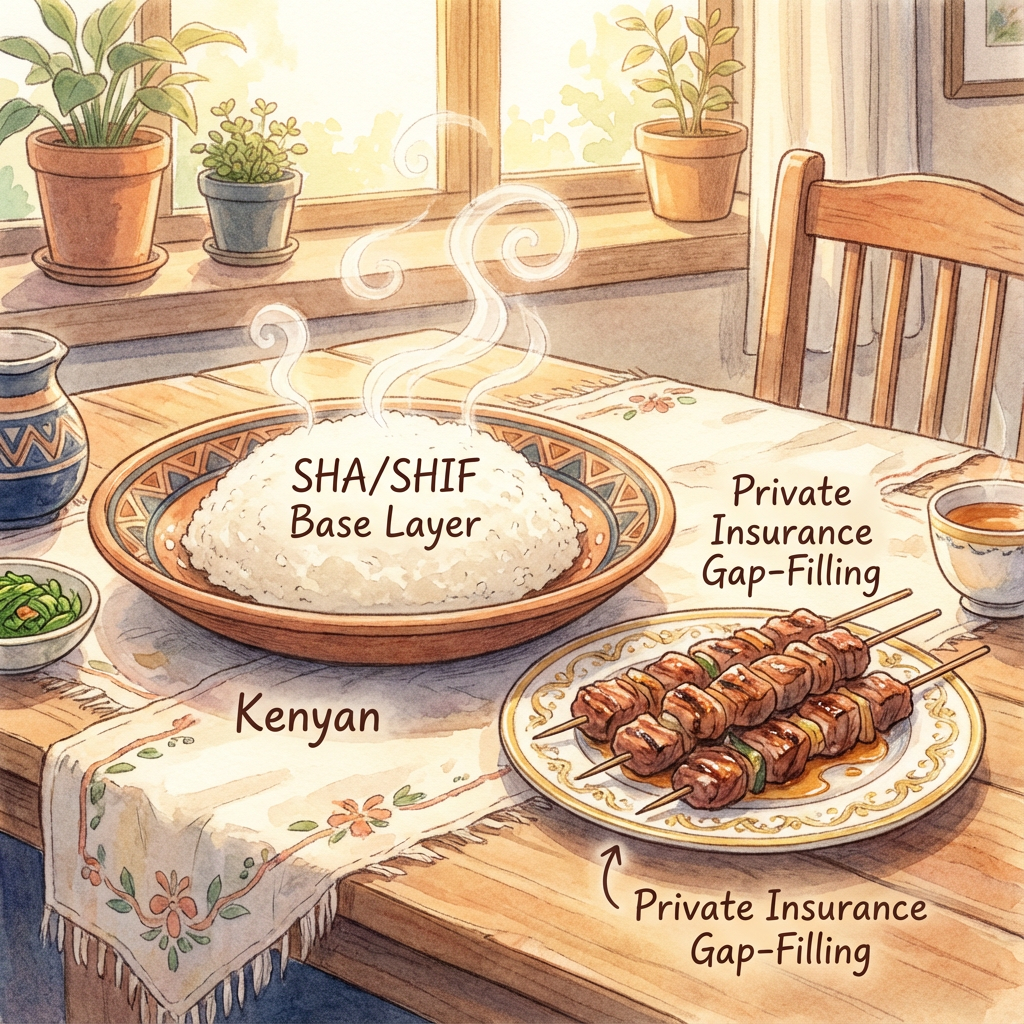 Illustration comparing SHA/SHIF Base Layer (Kenyan rice) with Private Insurance Gap-Filling (kebabs).
