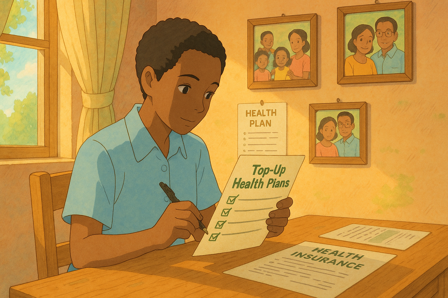 A young boy sitting at a wooden table reviews health insurance documents, including a checklist for a top-up health plan, with family photos in the background.
